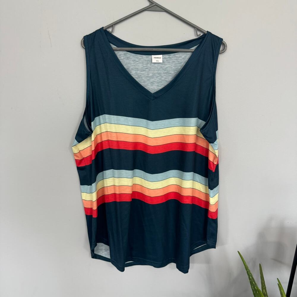 Xieerduo Wide Strap Sleeveless Stripe Tank Top Size XXL Spandex Blend Blue
